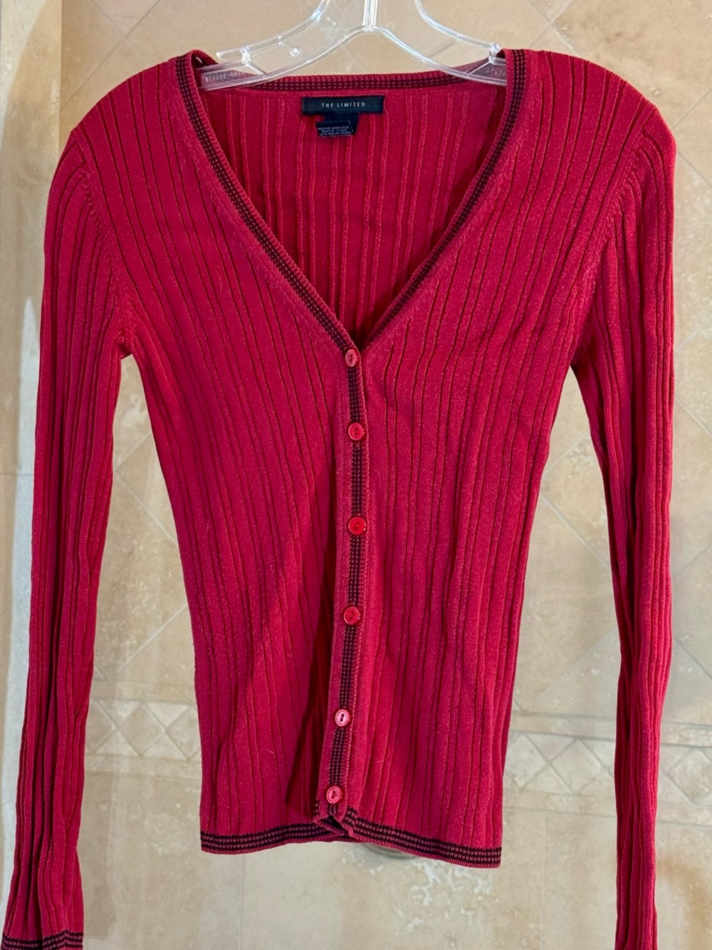 The Limited Wine-Red Ribbed V-Neck Cardigan